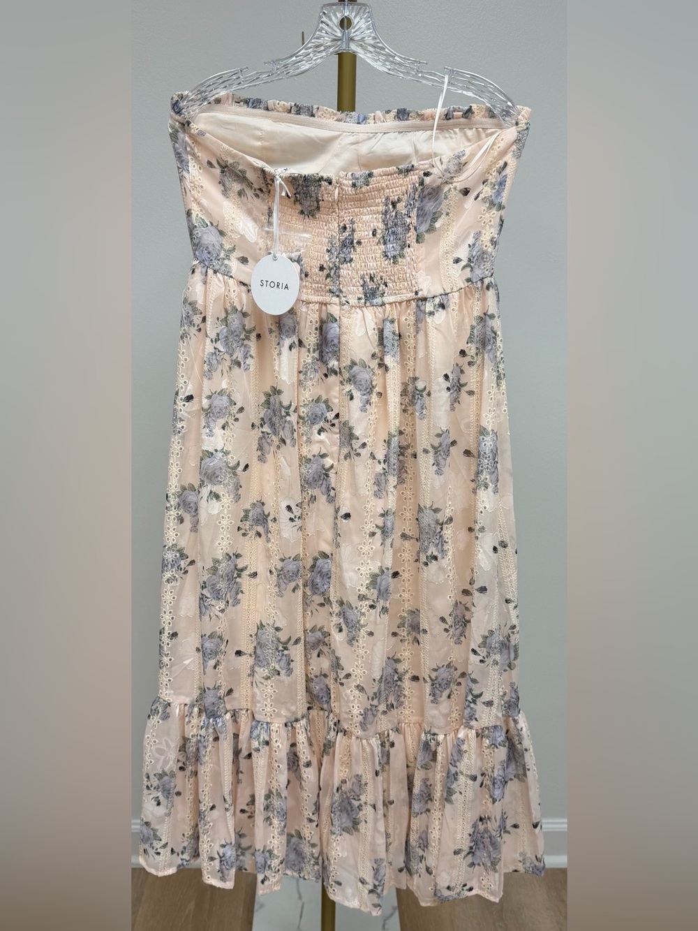 Storia Strapless Pink Floral Eyelet Midi Dress Size Large - Picture 3 of 5